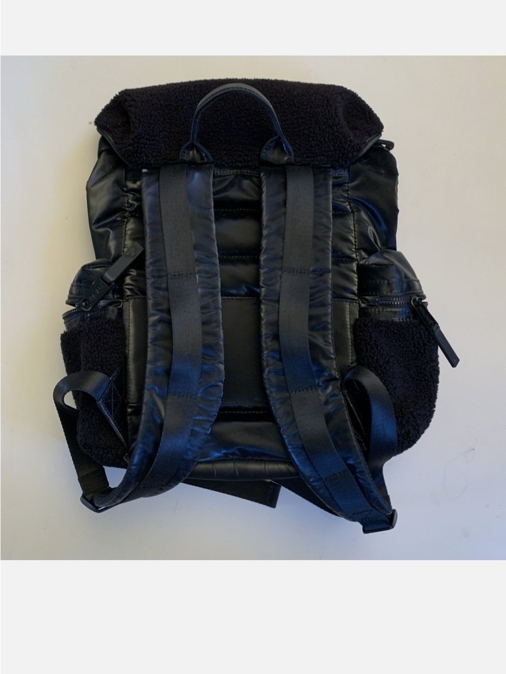 Pajar Glossy Shearling Black Puffer Backpack with Sherpa Trim - Picture 2 of 8